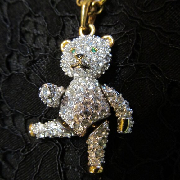SWAROVSKI Swan Signed Jointed Crystal Teddy Bear Pendant Necklace Retired - Picture 10 of 16